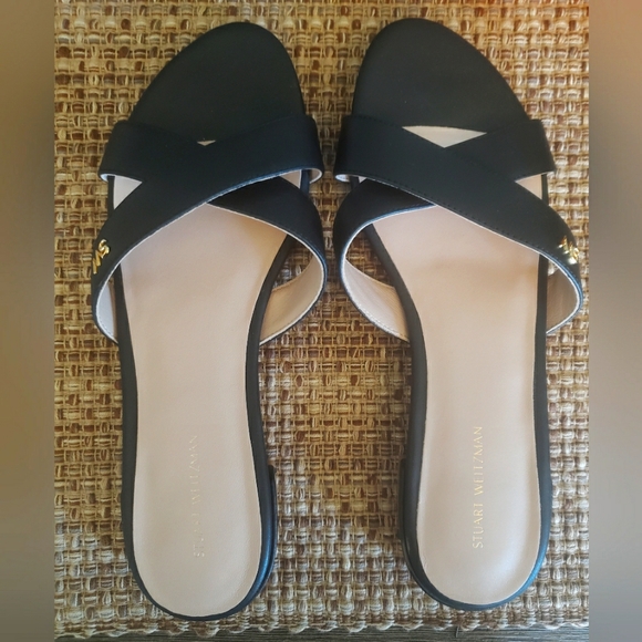 Stuart Weitzman Monogram Lunaria Crossband Leather flats slides sandals SZ 8.5 - Picture 2 of 8